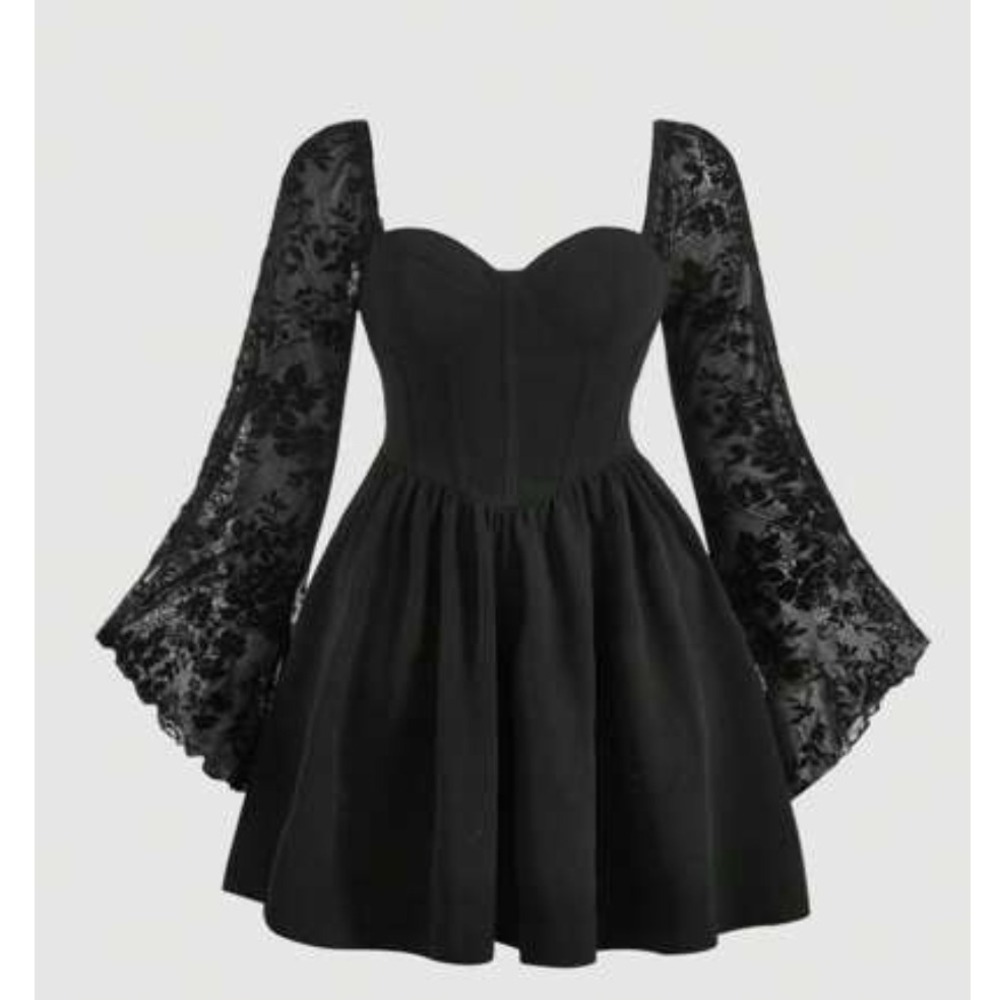 SHEIN Curve Black Corset Babydoll Mini Dress Sleeve 0XL Gothic Whimsigoth Witchy